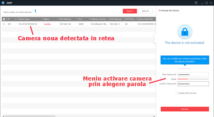 interfata sadp hikvision cu camera inactiva